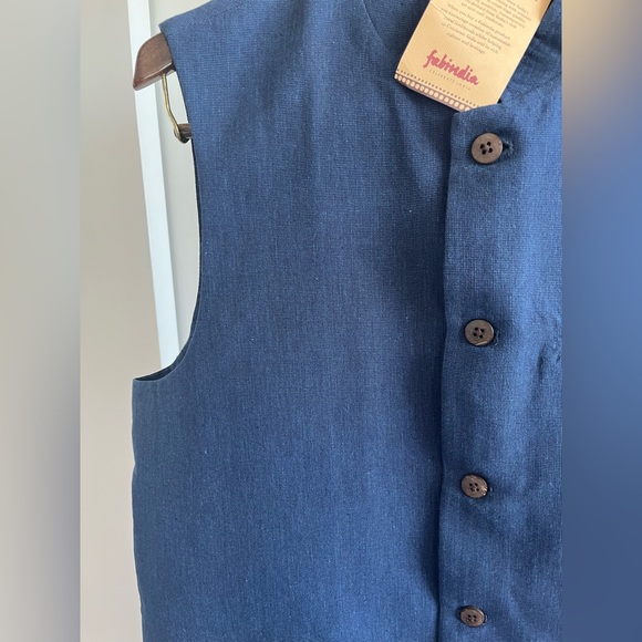 NWT Fabindia Men Sleeveless Jacket Vest Nehru Mandarin Collar Woven Cotto Blue M - Picture 4 of 10